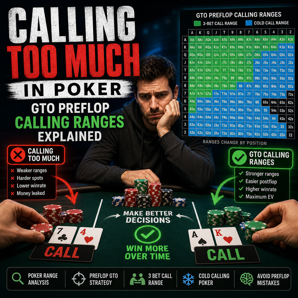 Poker strategy infographic showing GTO preflop calling ranges and when calling too much becomes a mistake
